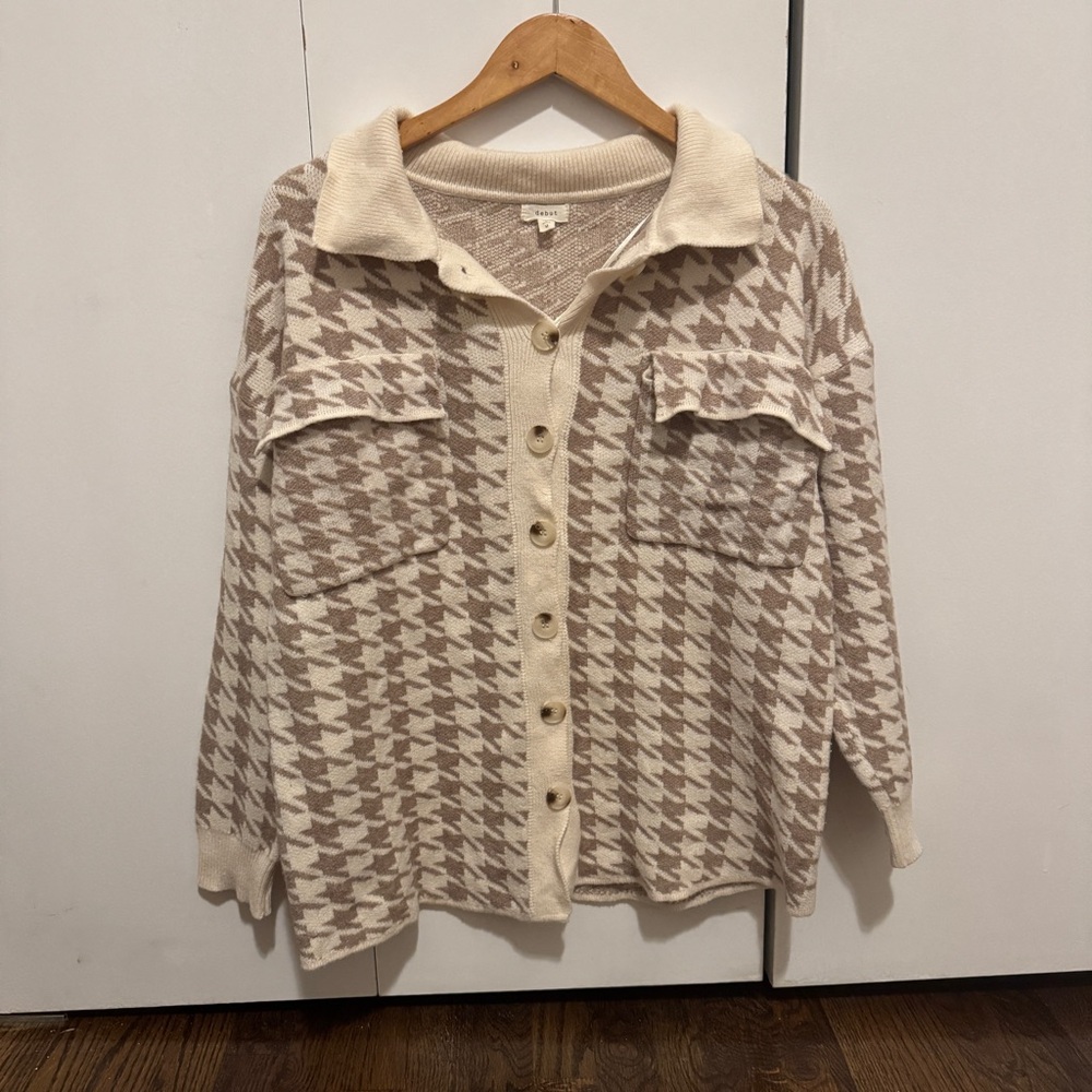 Dreamers by Debut button-front houndstooth cardigan in cream and tan M - Picture 4 of 11